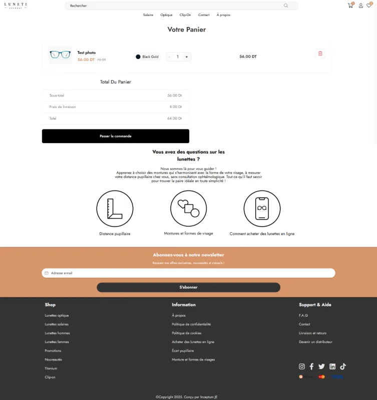 Luneti shopping cart layout with a selected pair of glasses and an order summary.