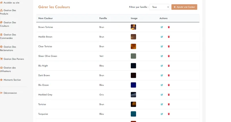 Luneti administration interface listing eyewear color names, families and swatches; no customer records are shown.