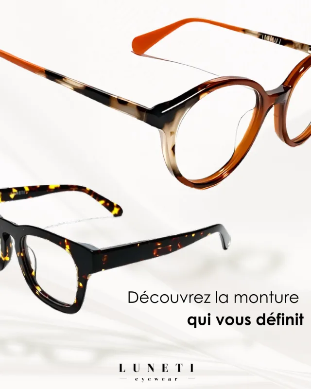 Luneti promotional artwork with close-up tortoiseshell frames on a light background.