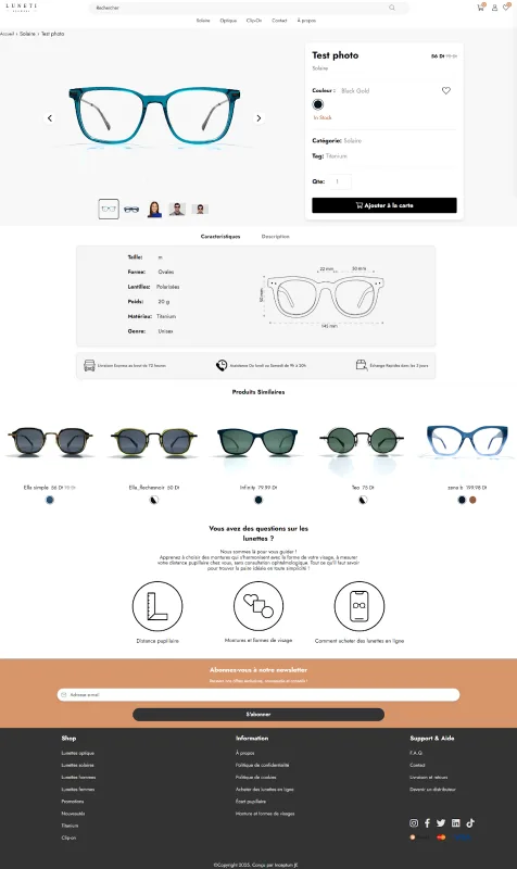 Luneti glasses product page with frame options, dimensions and related products.