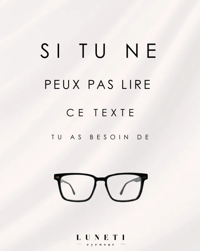 Luneti poster with progressively smaller French text above an illustration of glasses.