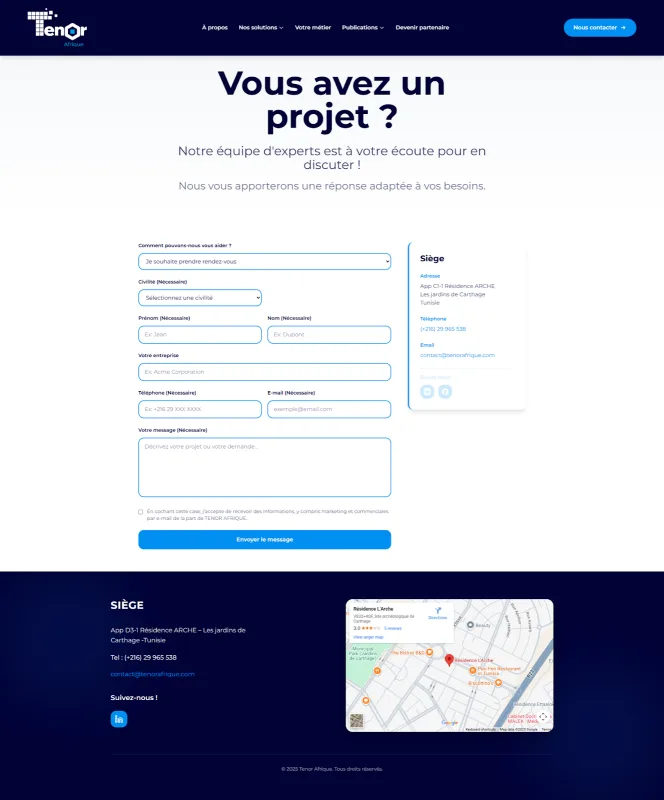 Tenor Afrique contact page with a project enquiry form and office location.