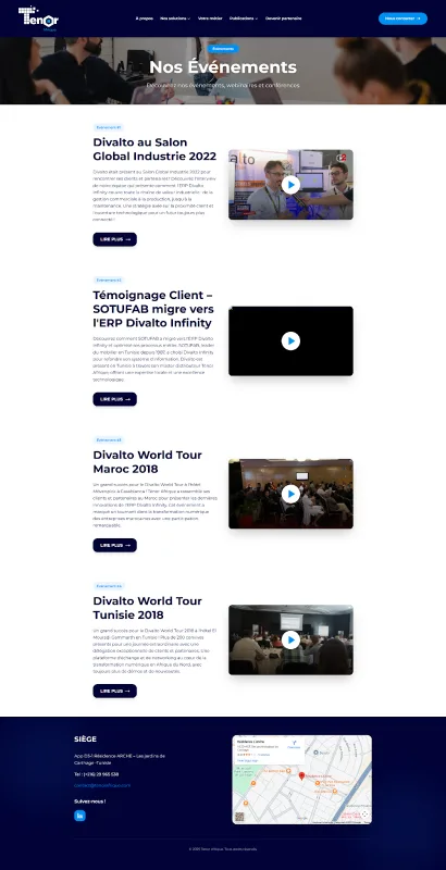 Tenor Afrique events page with a vertical list of past business events and videos.